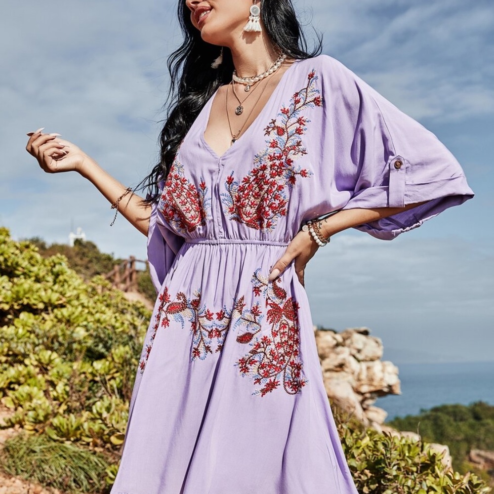 lilac floral print embroidered v neck spring dress - Picture 5 of 8